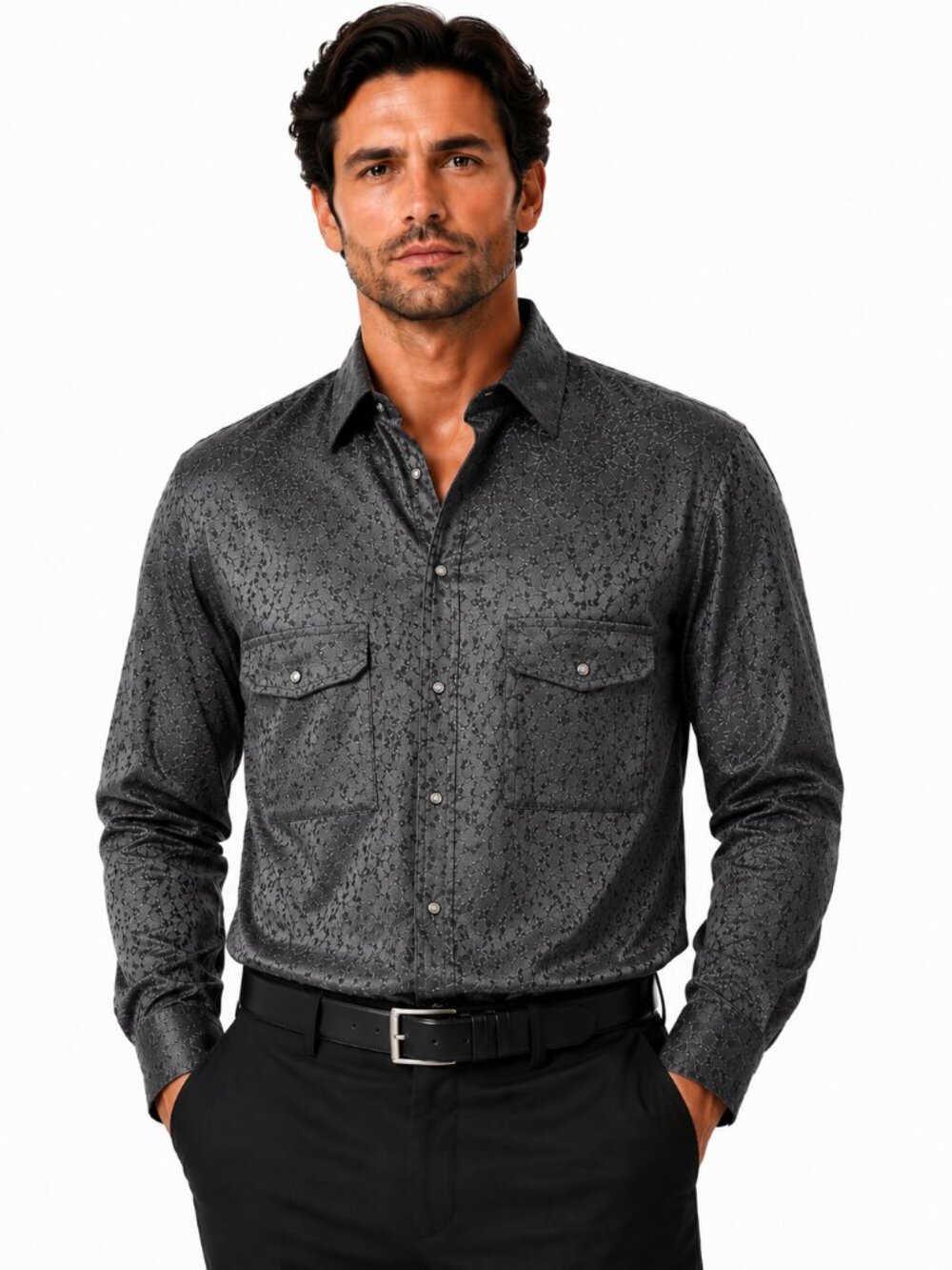 Kenneth Cole New York Men's Silk Blend Floral Jacquard Snap Front Shirt -Size XL